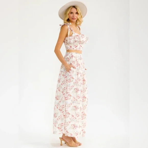074 • Roses Print Cream Embroidery Floral Maxi Skirt Ruffle Crop Top Summer Set - Picture 3 of 11